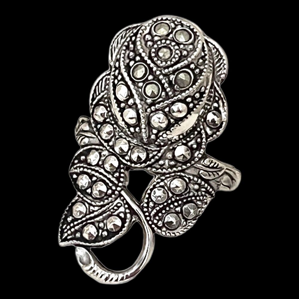 Vintage 1960s Uncas Rose Ring Size 5 14KTGE Antiqued Silver Tone Marcasite - 12V